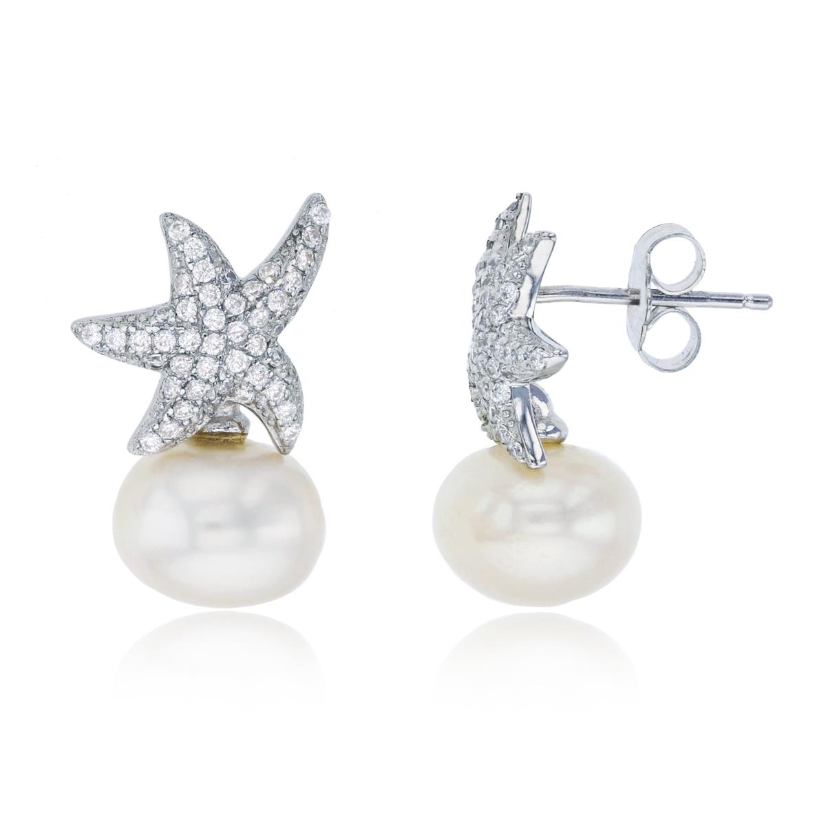 Sterling Silver Rhodium 10mm Freshwater Pearl with Micropave Starfish Earring