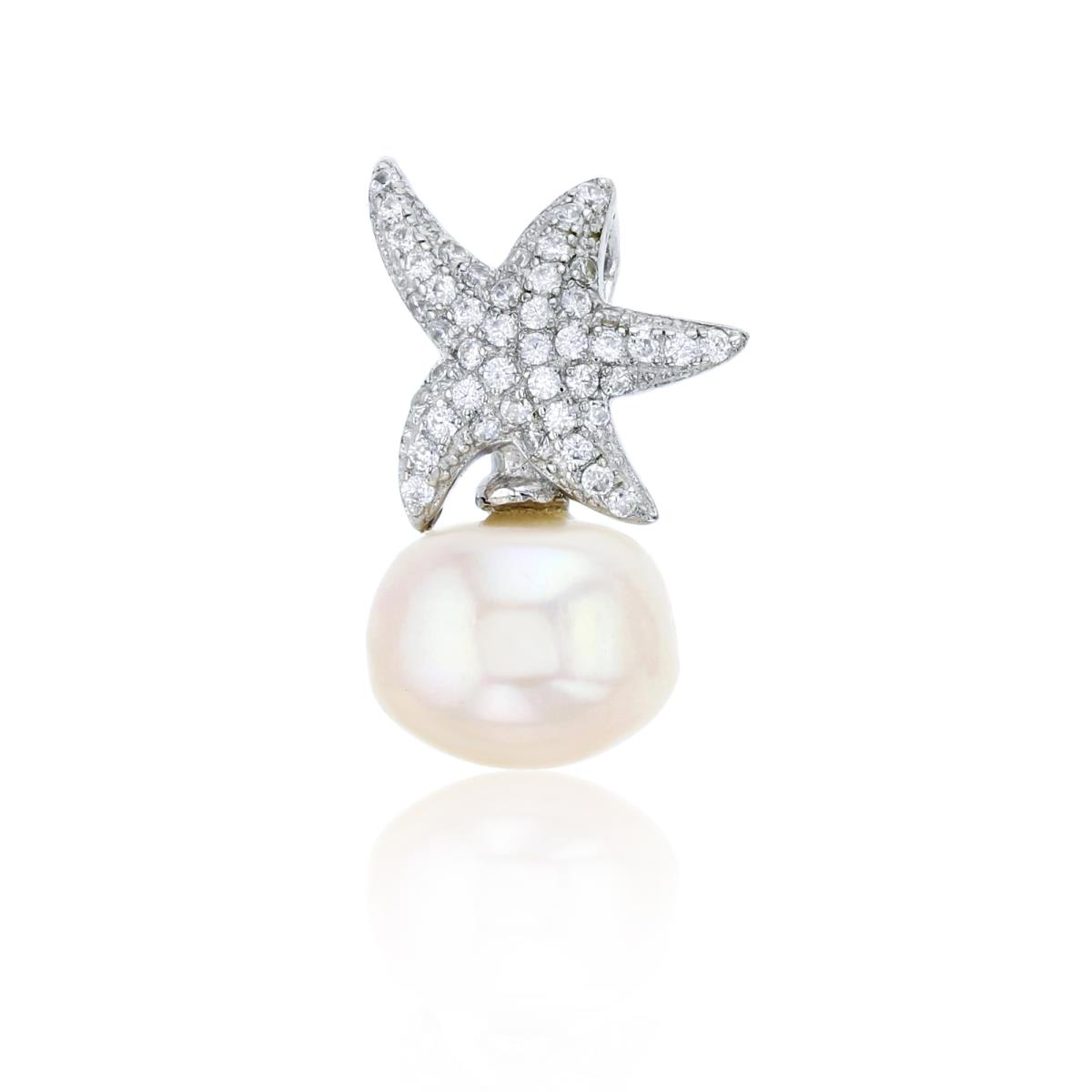 Sterling Silver Rhodium 10mm Freshwater Pearl with Micropave Starfish Pendant