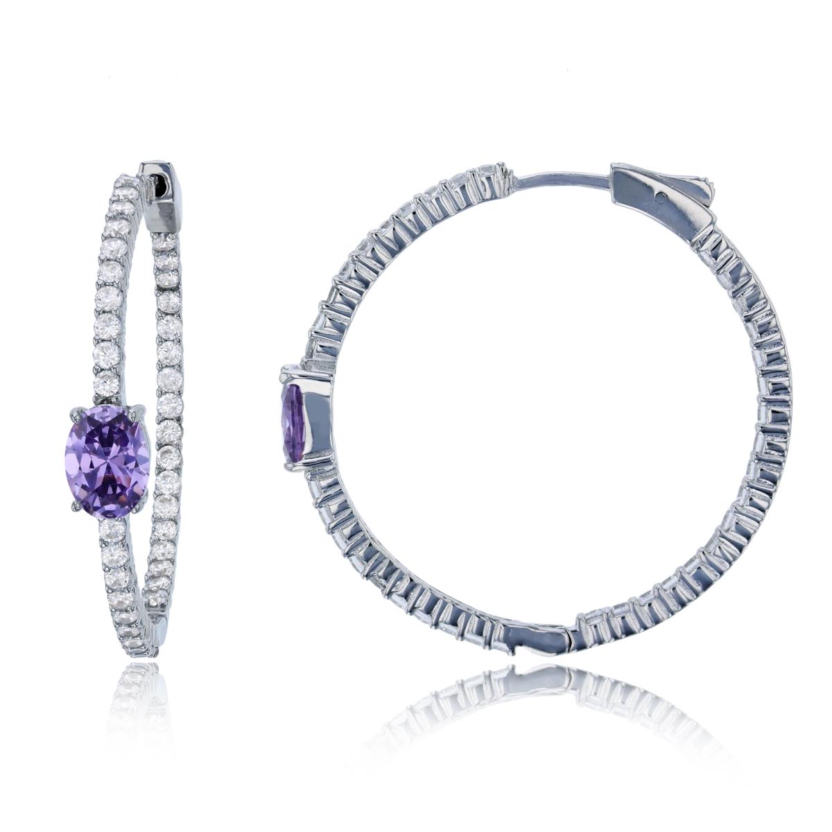 Sterling Silver Rhodium 8x6mm Amethyst Oval Cut with One-Row Pave White Rd CZ 36x6mm Hoop Earring