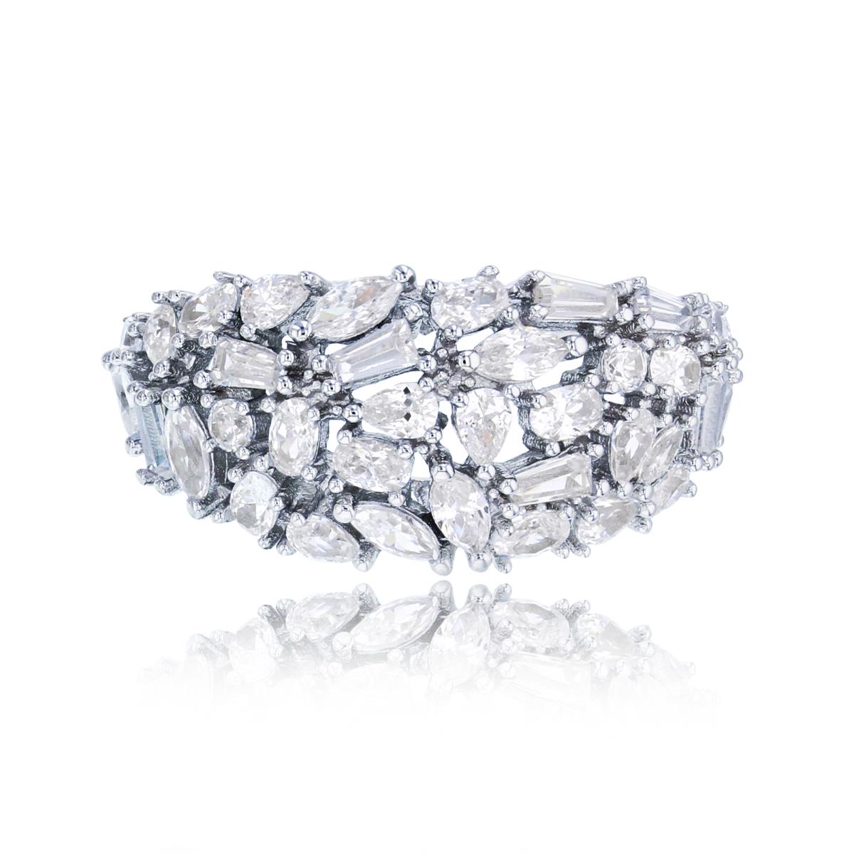 Sterling Silver Rhodium Pave Multi Cut CZ Domed Fashion Ring
