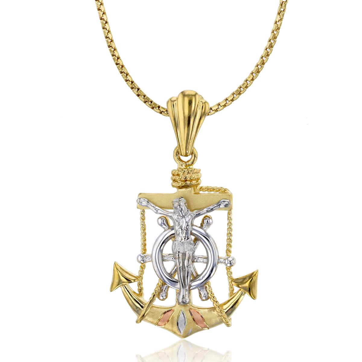 14K Gold Tricolor 35x22 Anchor Jesus 18" Hollow Half Round Box Chain Necklace