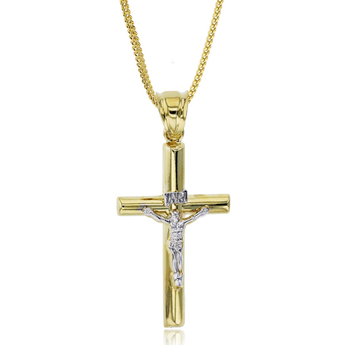 14K Two-Tone Gold 46x21mm Polished Tube Crucifix Cross 20" Hollow Franco 060 Chain Necklace