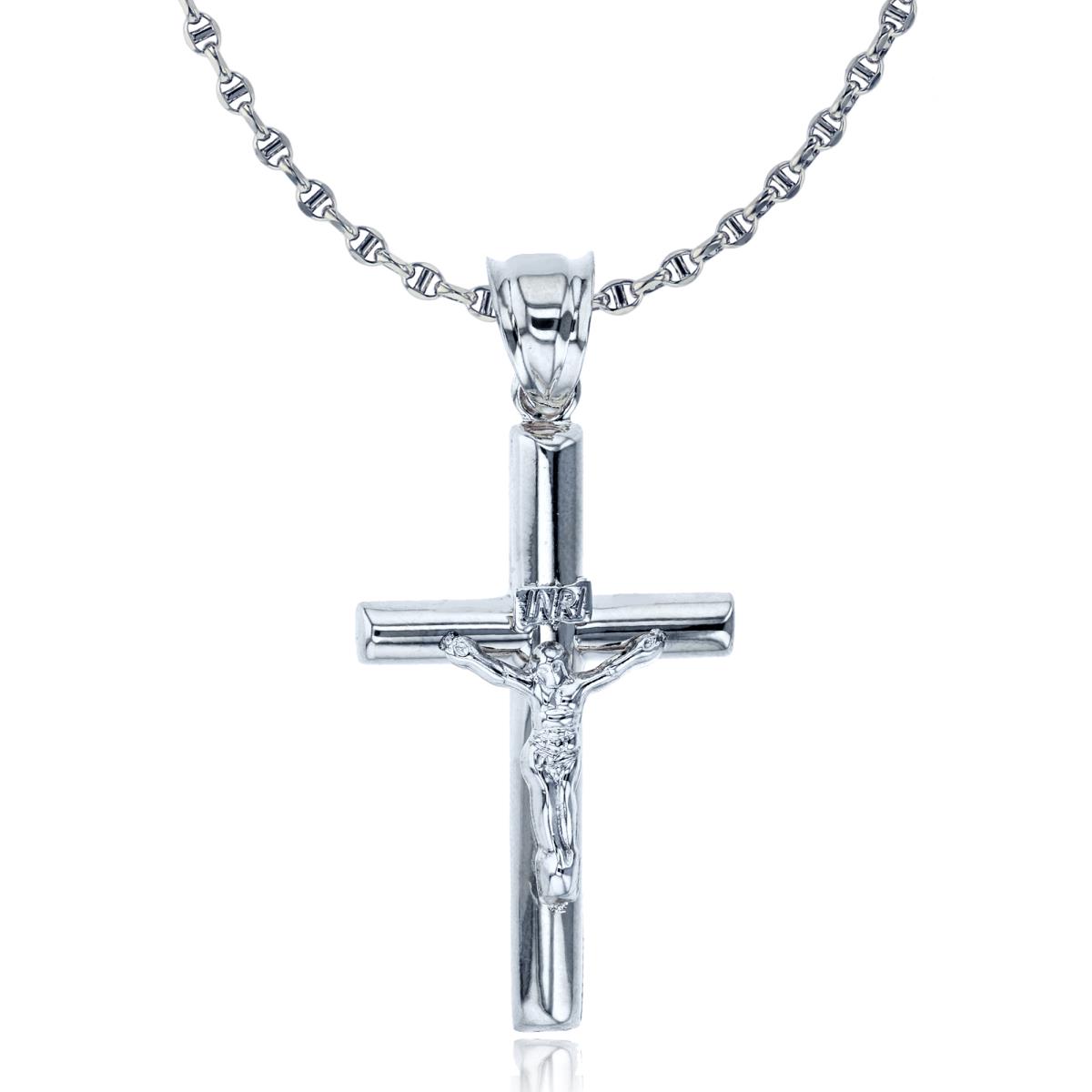 14K White Gold 46x21mm Polished Tube Crucifix Cross 18" Hollow Filk Chain Necklace