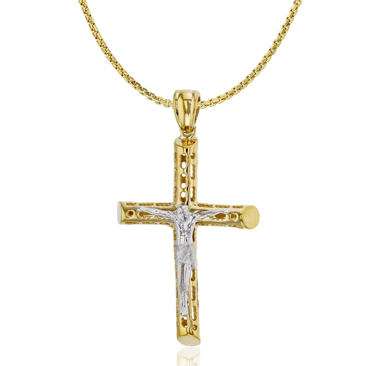 14K Yellow & White Gold Cut Out Tube Cross 18" Hollow Half Round Box Chain Necklace
