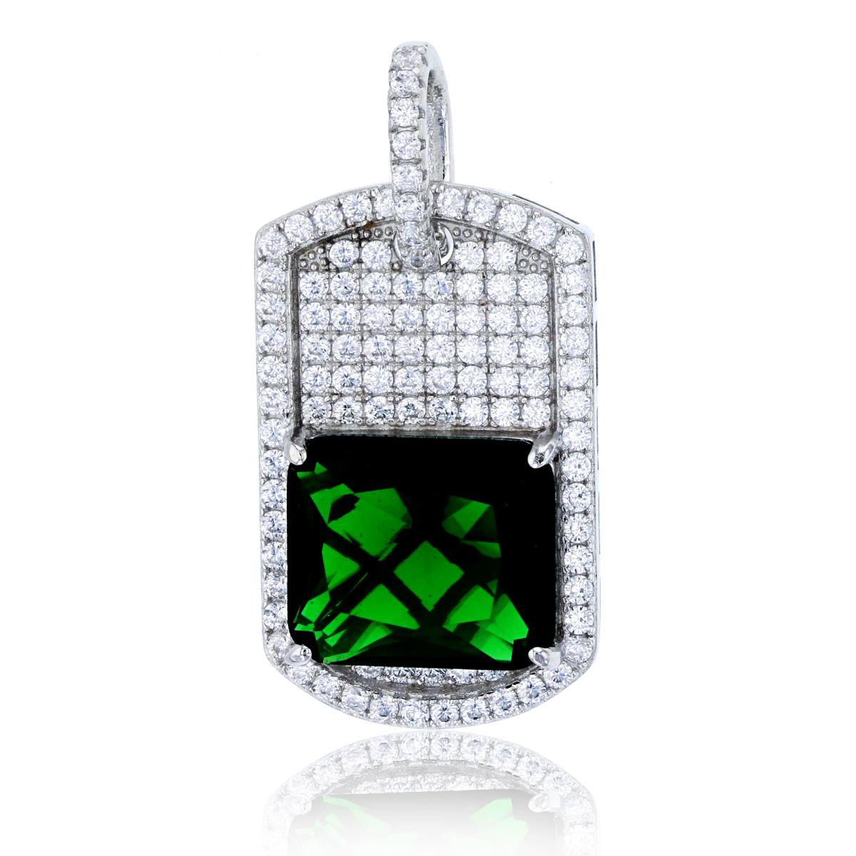Sterling Silver Rhodium 14x12mm Green Emerald Cut Glass & Micropave Dog Tag Men's Pendant