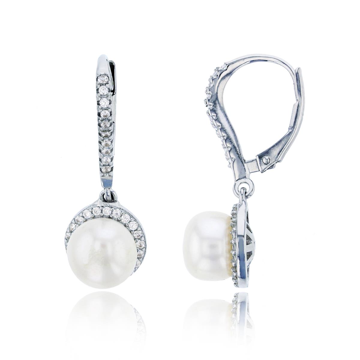 Sterling Silver Rhodium 8mm Simulated Pearl Halo Leverback Dangling Earring