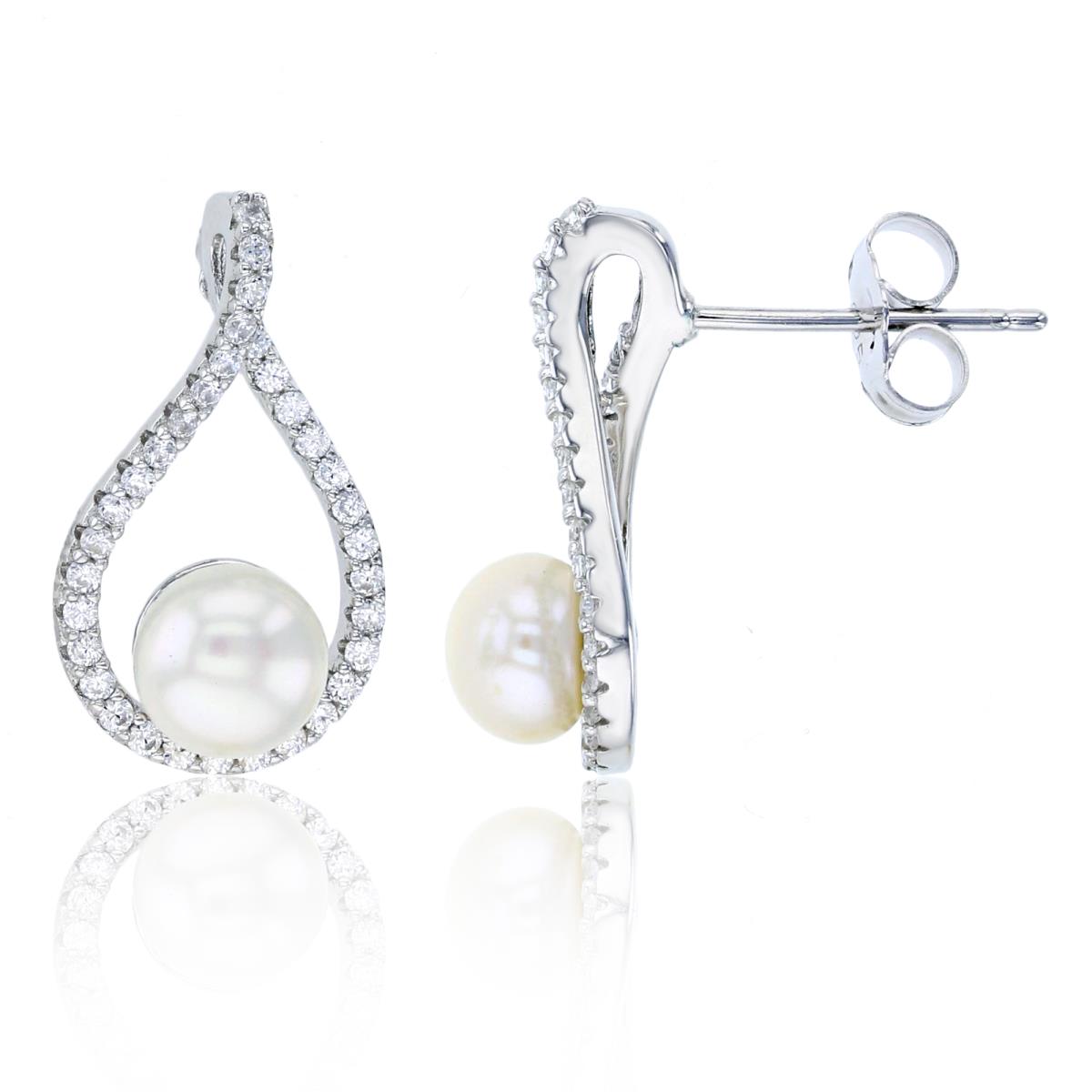 Sterling Silver Rhodium 6mm Freshwater Pearl & Micropave Infinity Earring