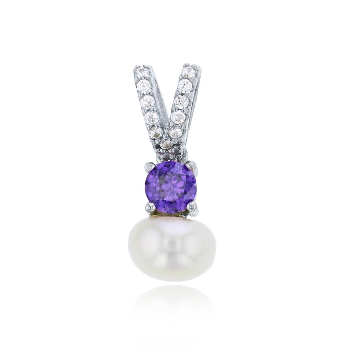 Sterling Silver Rhodium 7mm Freshwater Pearl & 4mm Amethyst Rd Cut CZ Micropave Double Bail Pendant