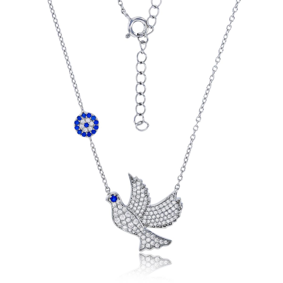 Sterling Silver Rhodium Micropave Dove & Evil Eye 16"+2" Necklace