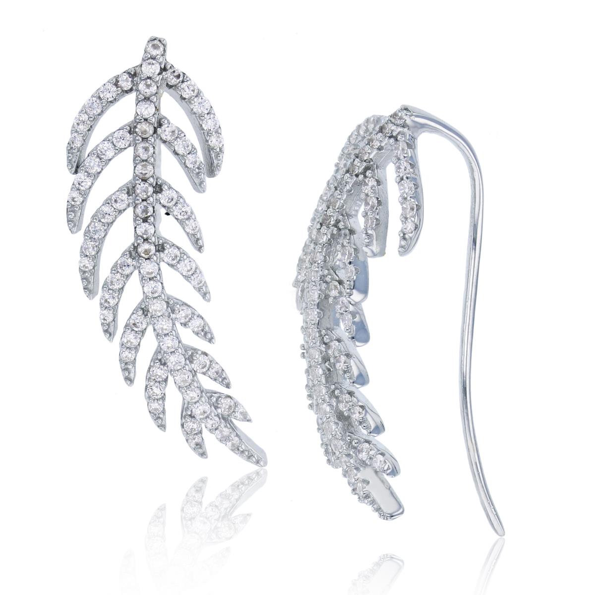 Sterling Silver Rhodium Micropave Leaf Fish-Hook Earring