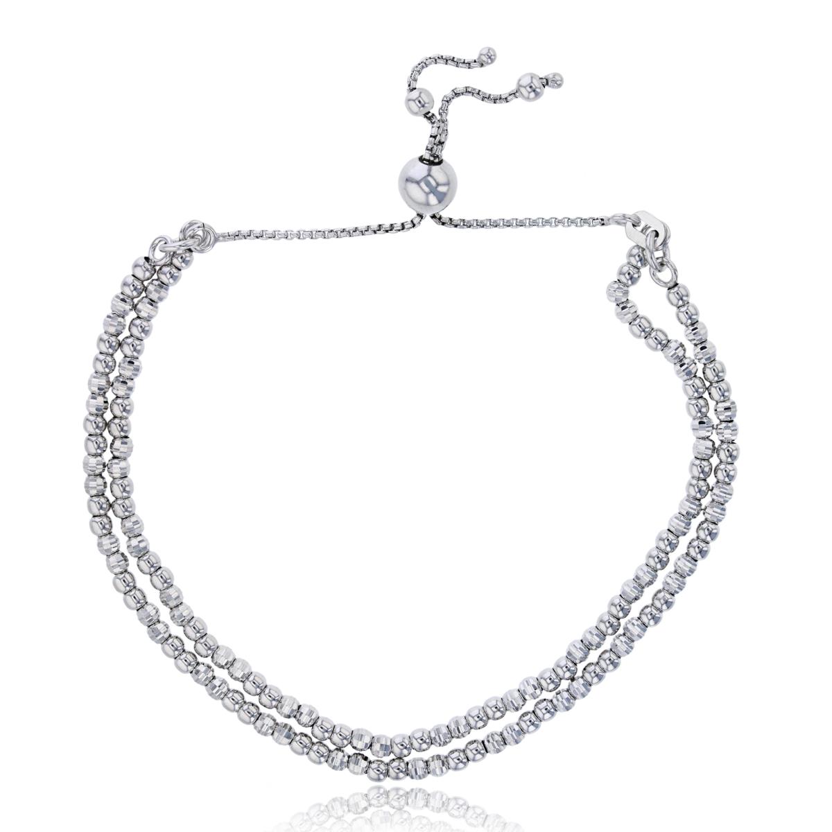 Sterling Silver Rhodium 2-Strand Alternating Polished & DC Beads Adjustable Bracelet