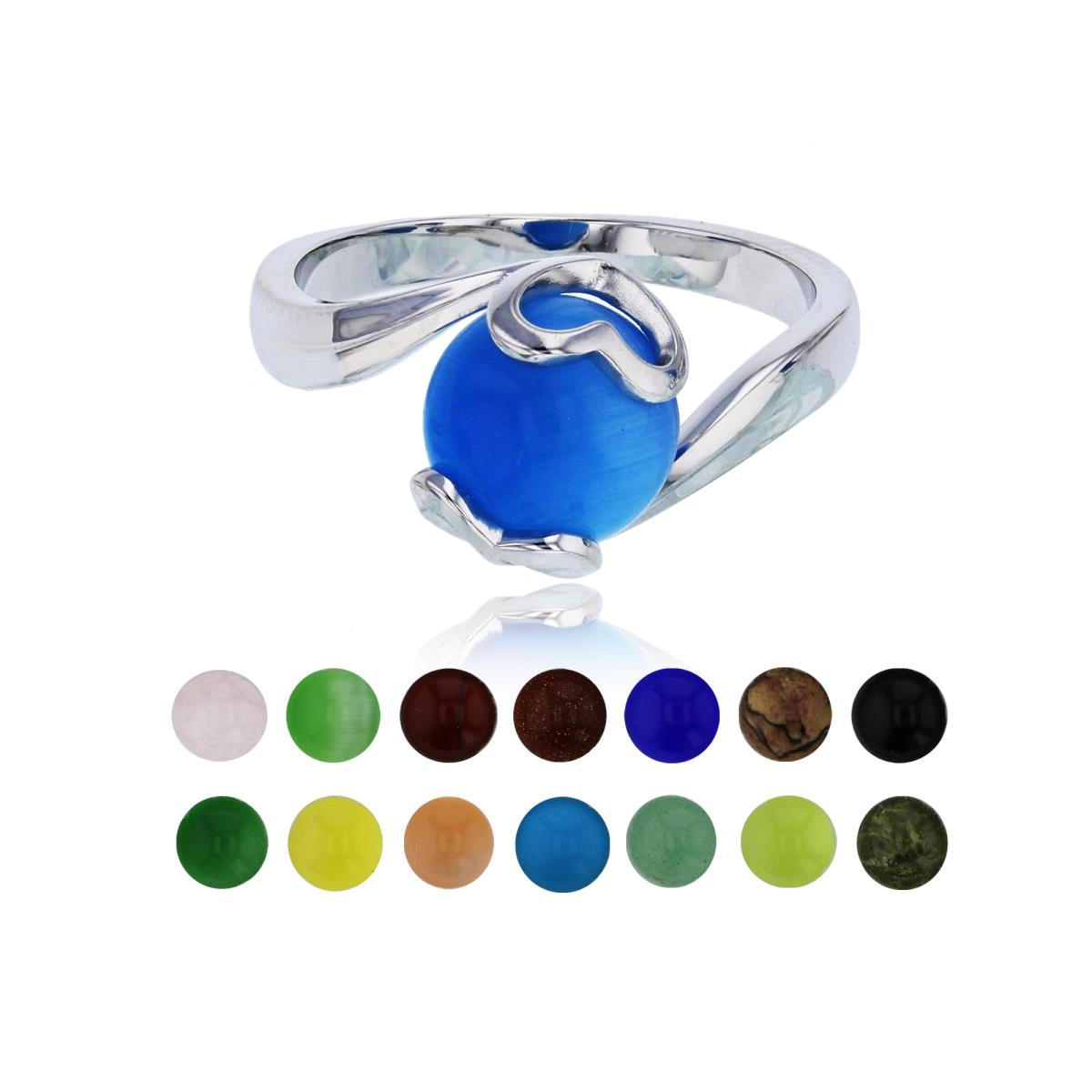 Sterling Silver Rhodium 14 Color Interchangeable Semi-Precious Gem Open Heart Sides Fashion Ring