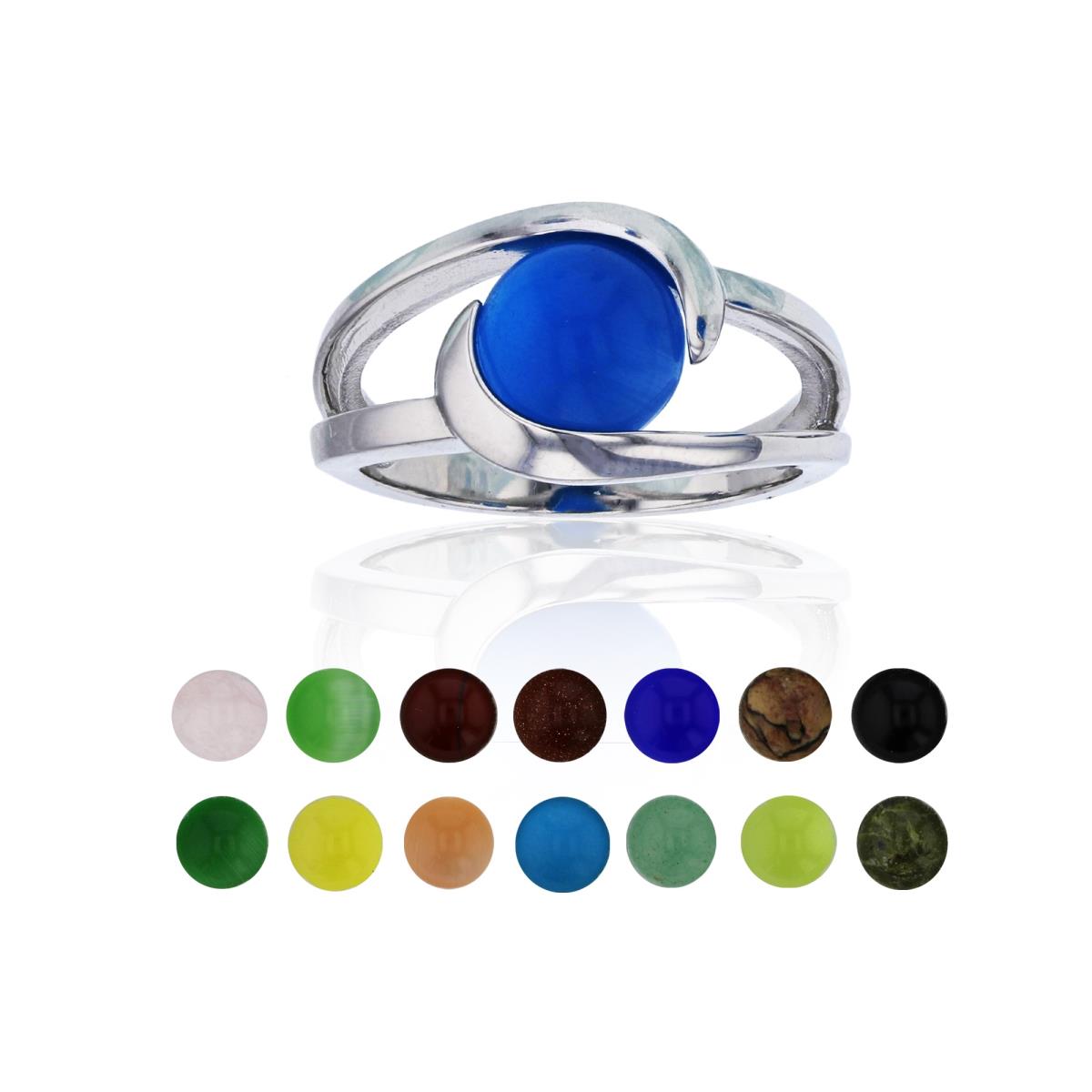 Sterling Silver Rhodium 14 Color Interchangeable Semi-Precious Gem Split Shank Swirl Fashion Ring