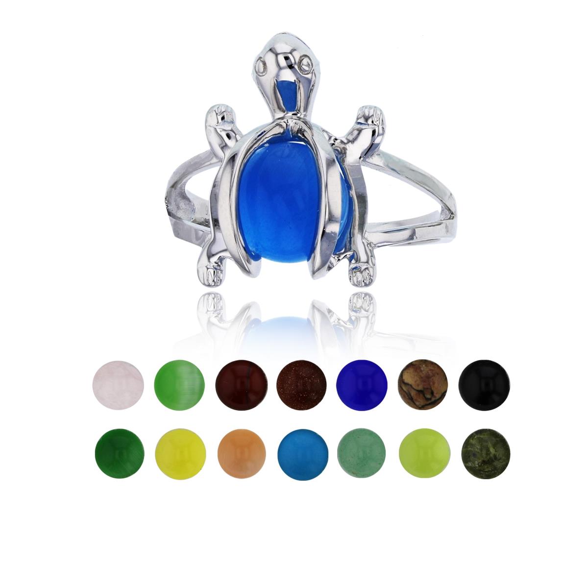 Sterling Silver Rhodium 14 Color Interchangeable Semi-Precious Gem Turtle Fashion Ring