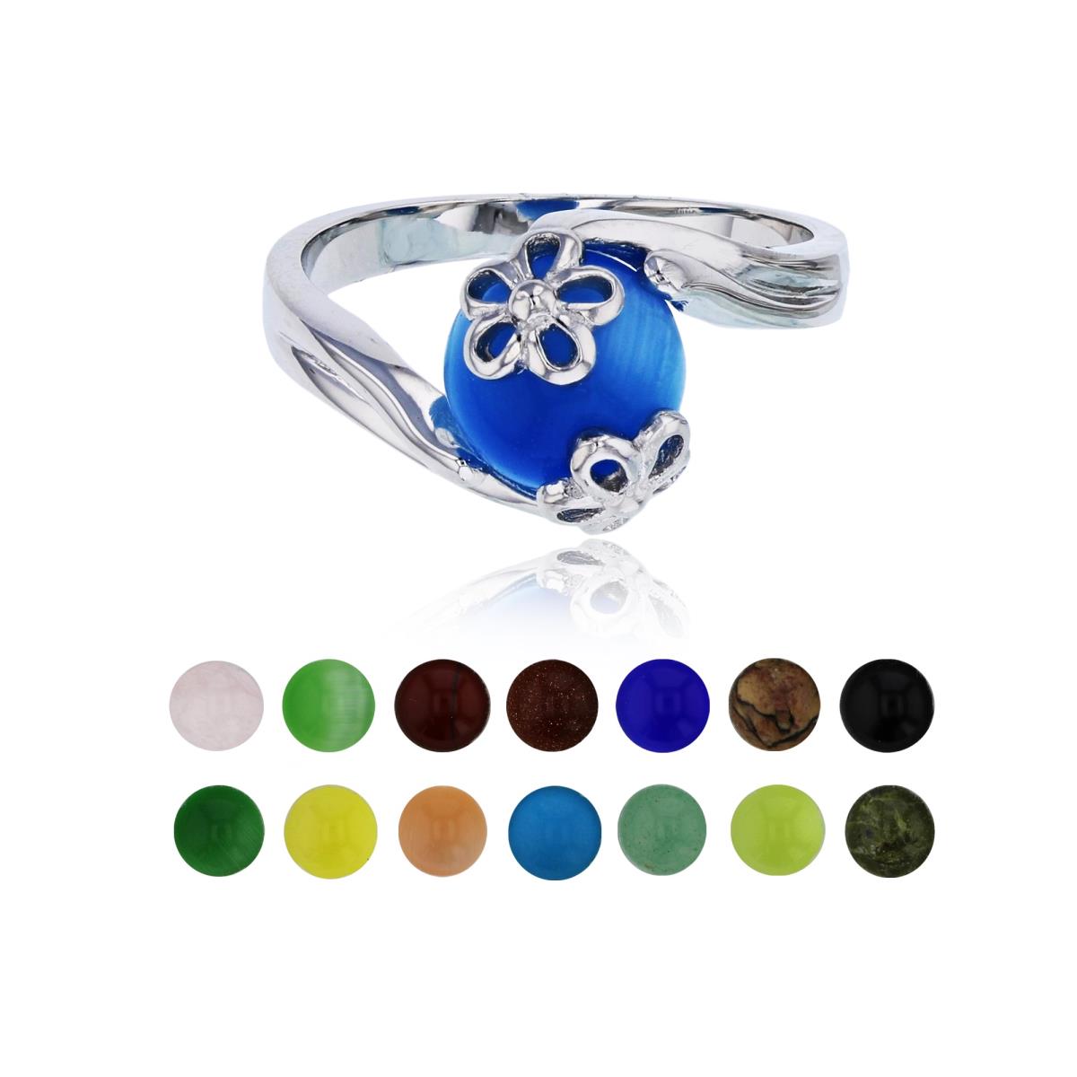 Sterling Silver Rhodium 14 Color Interchangeable Semi-Precious Gem Flower Sides Fashion Ring