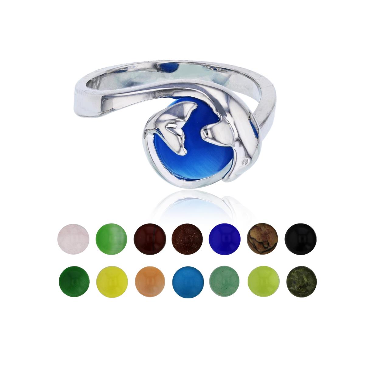 Sterling Silver Rhodium 14 Color Interchangeable Semi-Precious Gem Dolphin Fashion Ring