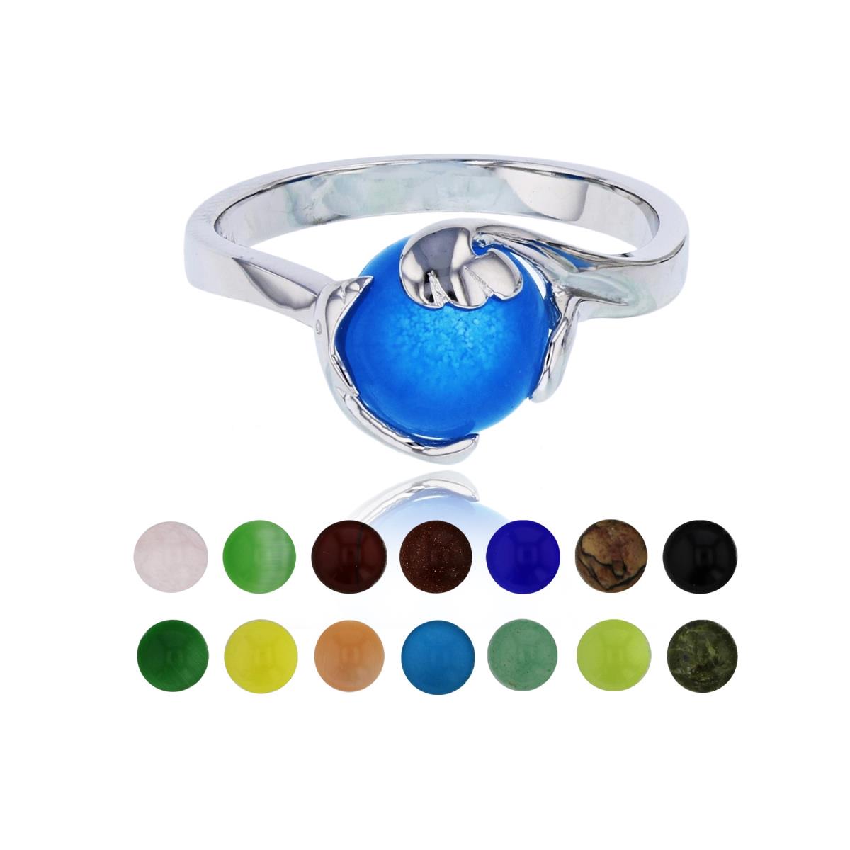 Sterling Silver Rhodium 14 Color Interchangeable Semi-Precious Gem Dolphin & Waves Fashion Ring