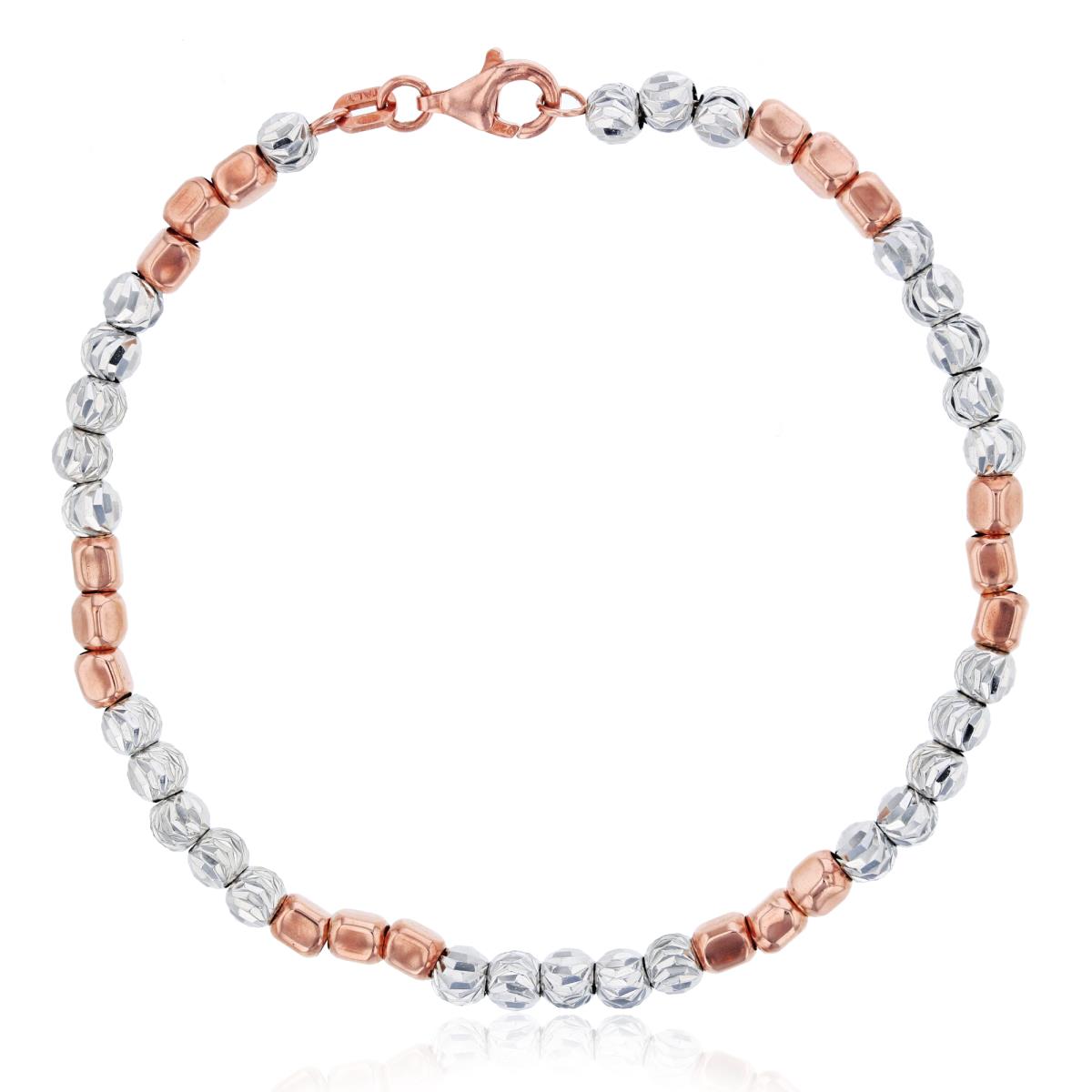 Sterling Silver Rose & White Anti-Tarnish 4.00mm Moon Cut & Polished Square Beads 7.25" Bracelet