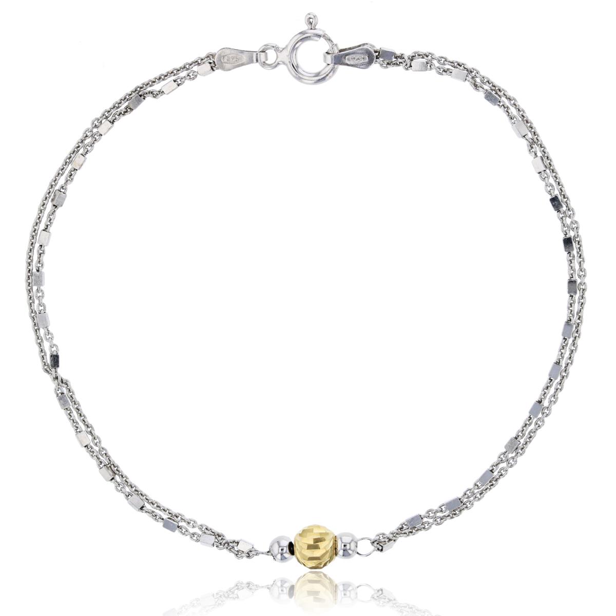 Sterling Silver Yellow & White Anti-Tarnish Polished & Diamond Cut Beads with 2-Strand Cube & Cable Chain 7.25" Bracelet