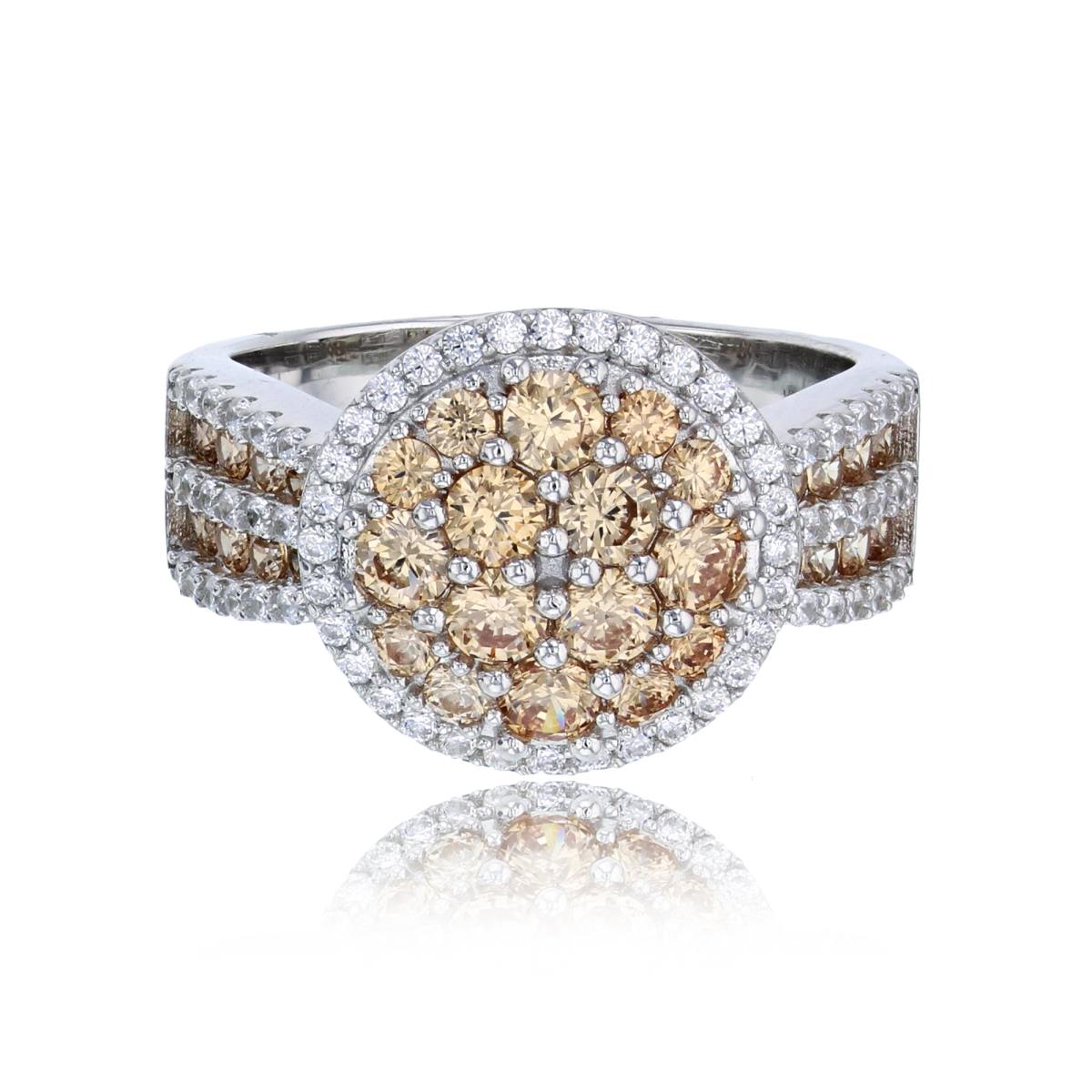 Sterling Silver Rhodium Micropave Champagne & White Round Shape Fashion Ring
