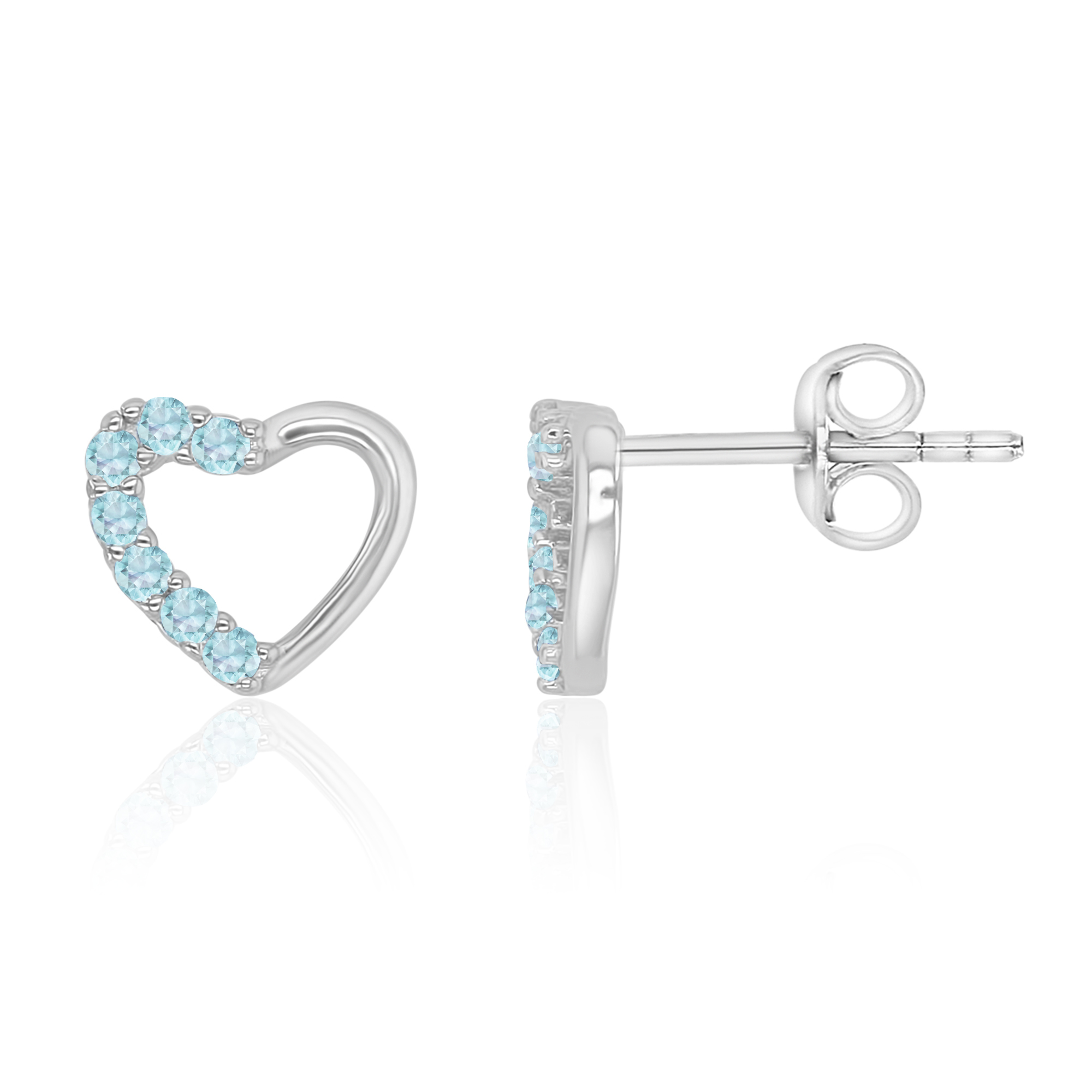 Sterling Silver Rhodium 8x9mm Half Sky Blue Micropave Half Polished Open Heart Stud Earring