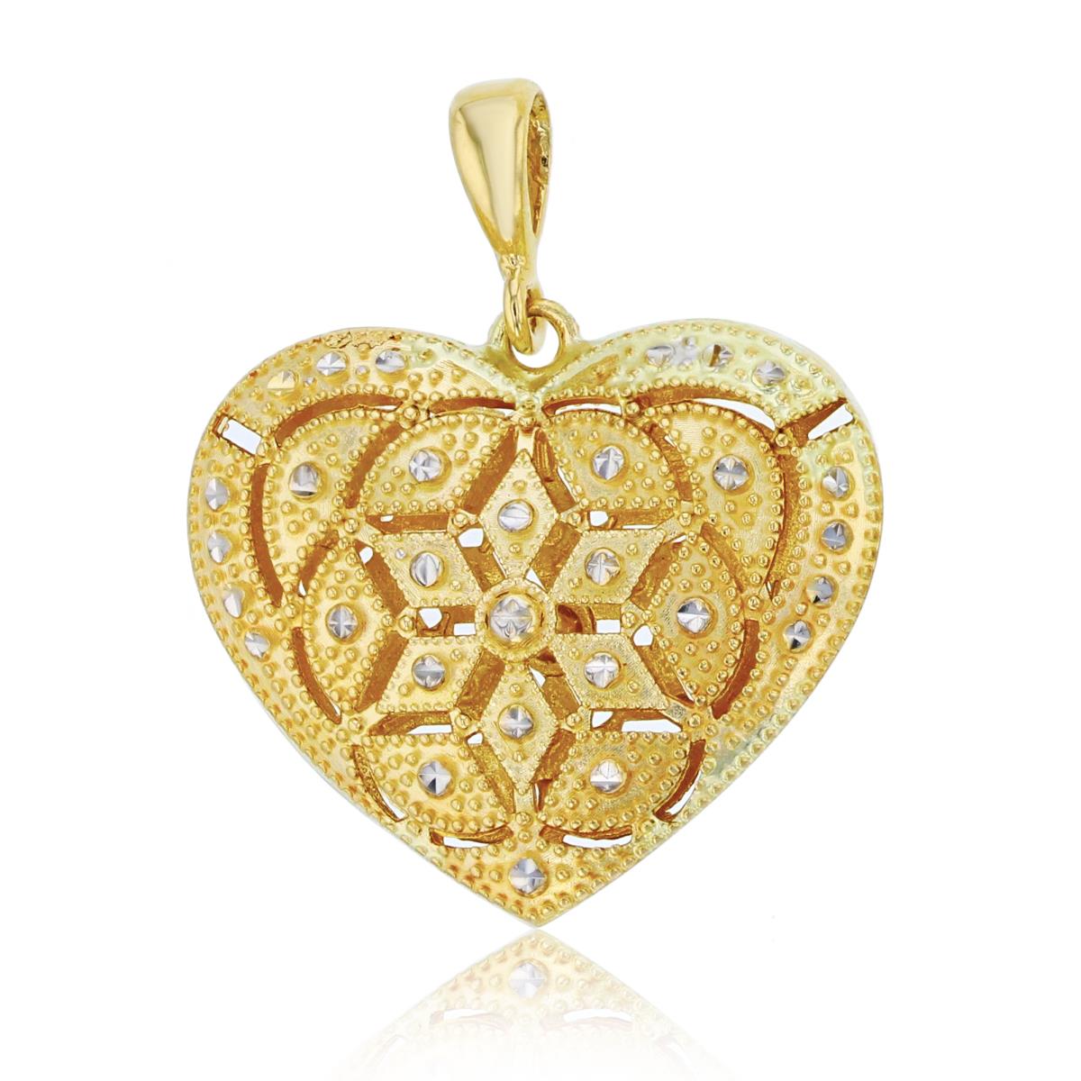 14K Two-Tone Gold Double Sided Diamond Cut Floral Heart Pendant