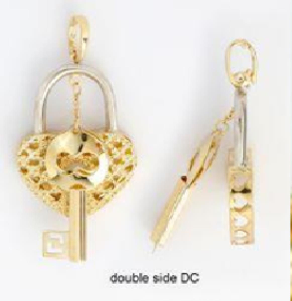 14K Two-Tone Gold Diamond Cut Double Sided Key & Heart Dangling Pendant