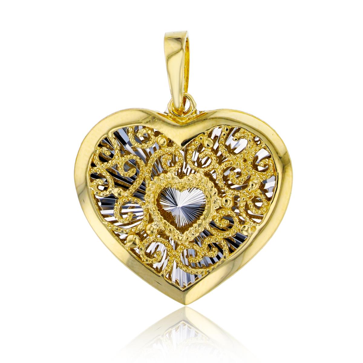 14K Two-Tone Gold D/C Milgrain Filigree Heart Dangling Pendant