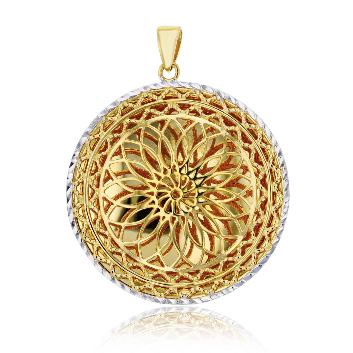 14K Two-Tone Gold Diamond Cut & Polished Circle Sunflower Pendant