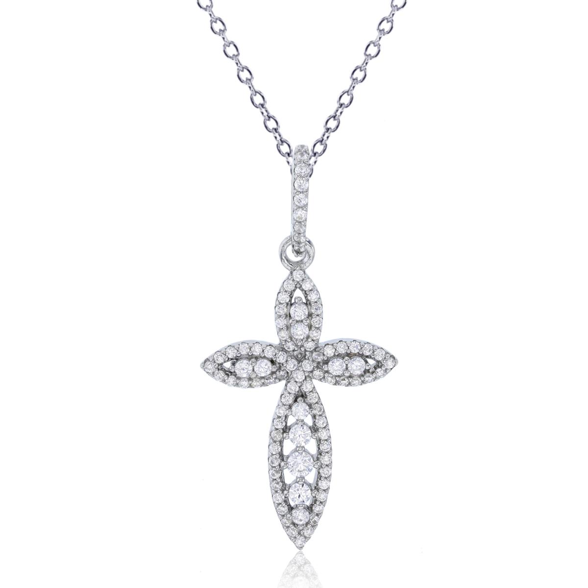 Sterling Silver Rhodium 35x17mm Micropave Marquise Shaped Cross 18"+2" Necklace