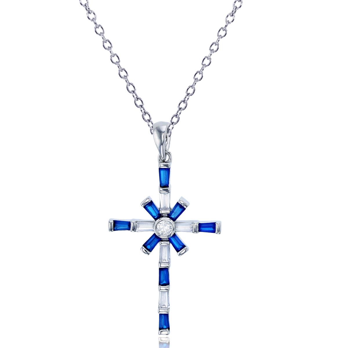 Sterling Silver Rhodium Pave Sapphire & White Baguette CZ Cross with "X" Center 18"+2" Necklace
