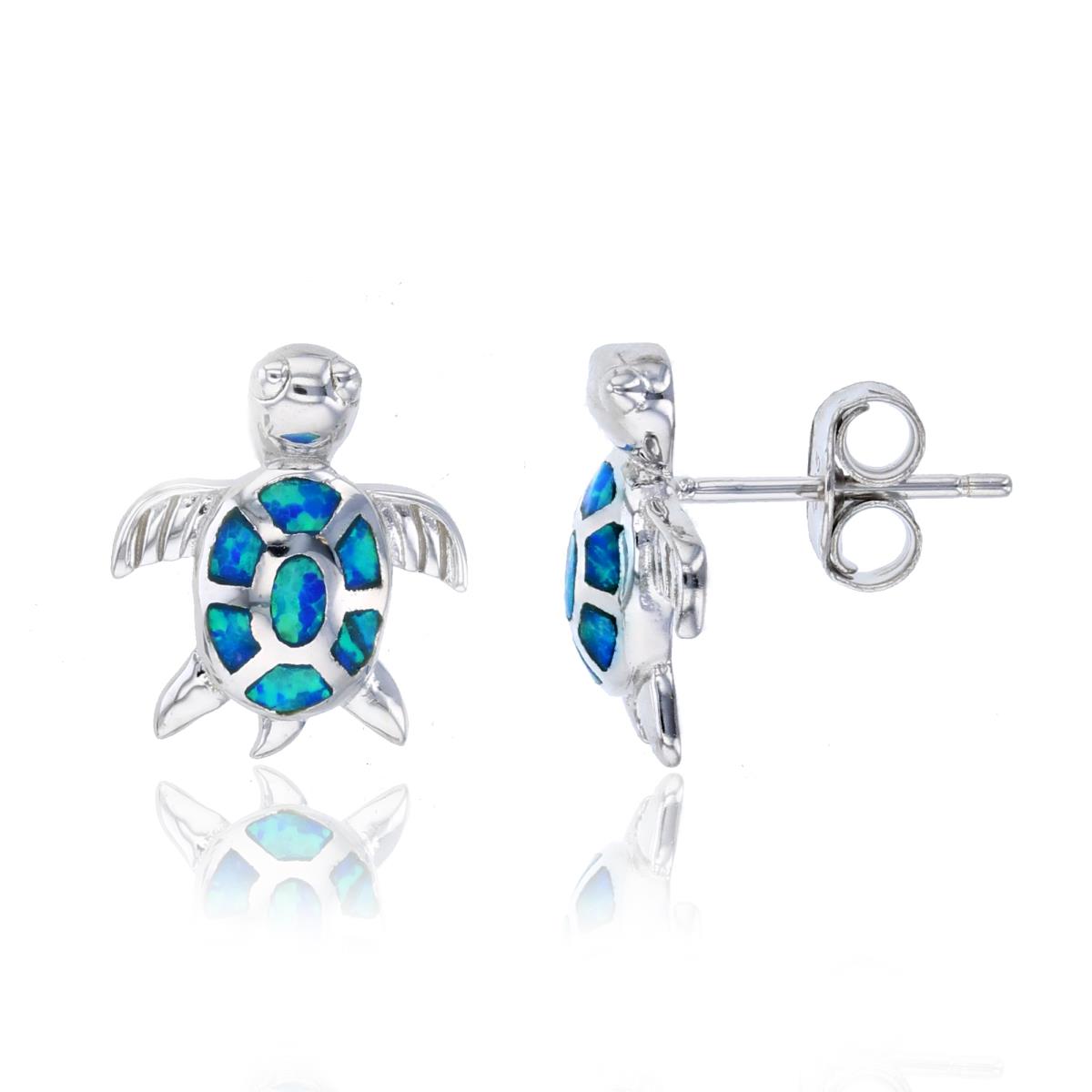 Sterling Silver Rhodium Created Opal Turtle Stud Earring