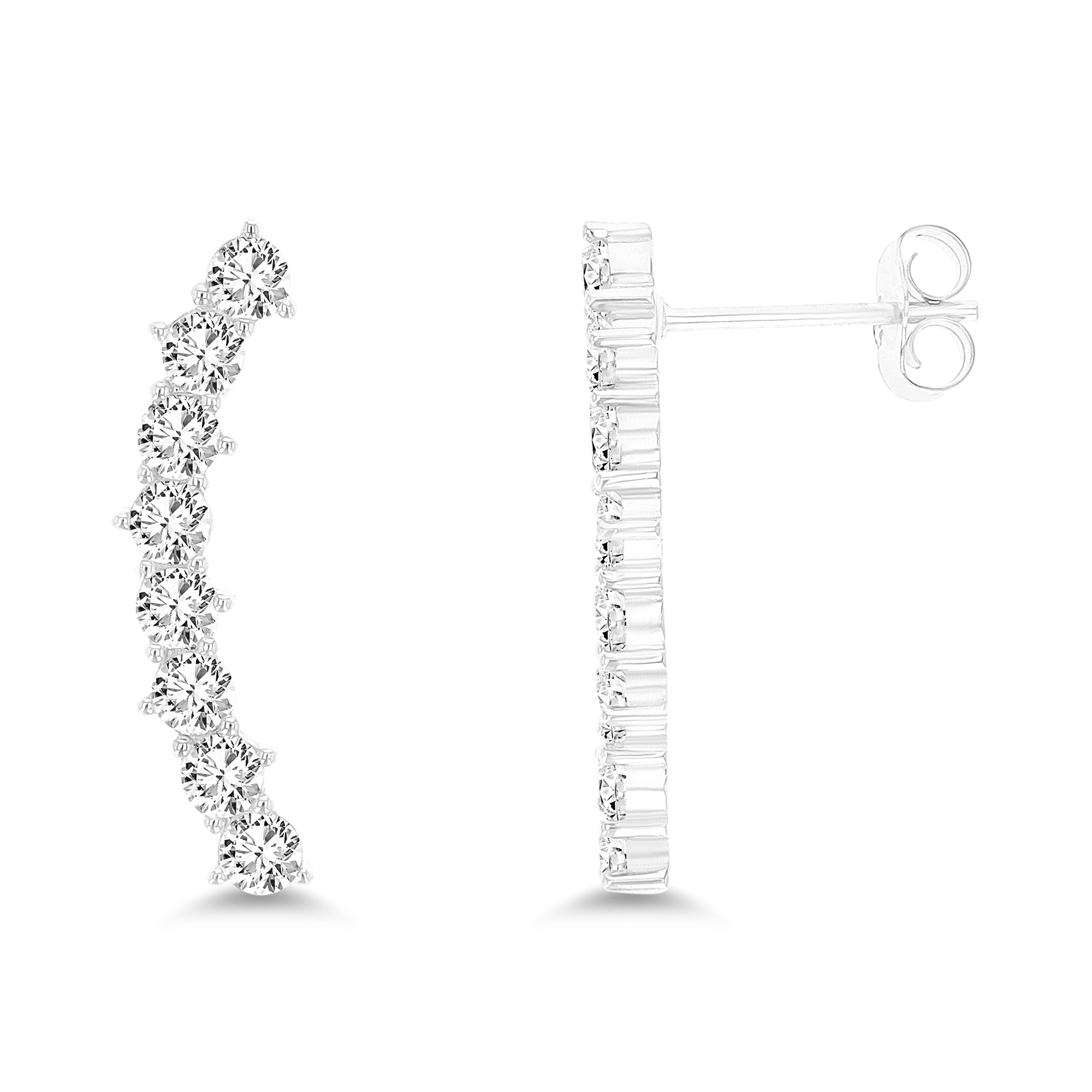 Sterling Silver Rhodium 25x4mm One-Row Pave Rd CZ Curved Bar Earring