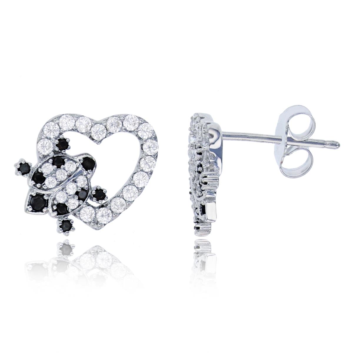 Sterling Silver Rhodium Micropave White & Black CZ Open Heart Ladybug Stud Earring