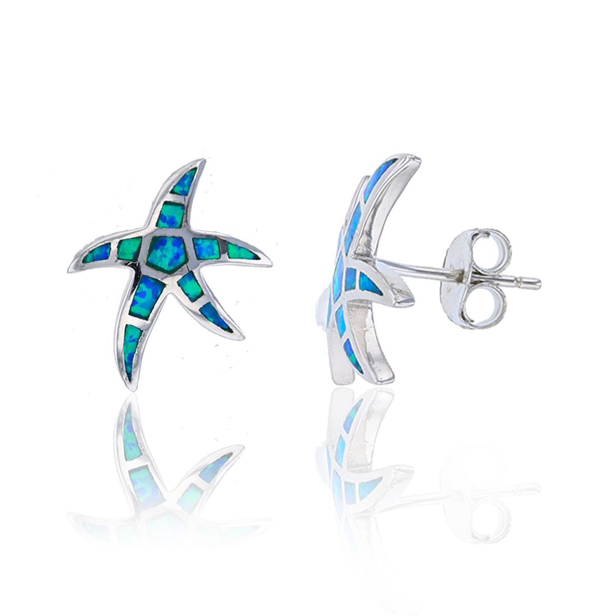 Sterling Silver Rhodium Created Opal Starfish Stud Earring