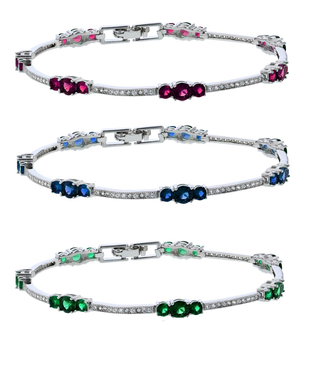 Sterling Silver Rhodium 3-Stone Pave Ruby+Sapphire+Emerald & White CZ 7" Tennis Bracelet (Set Of 3)