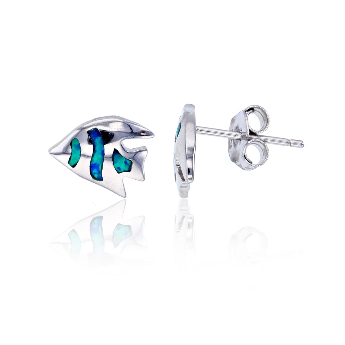 Sterling Silver Rhodium Created Opal Fish Stud Earring