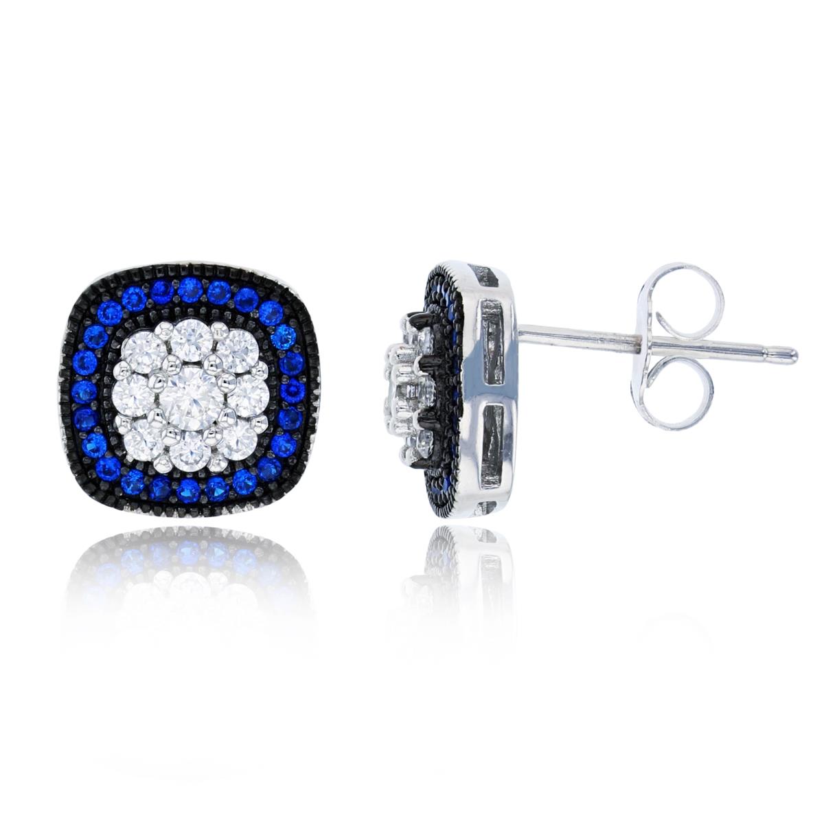 Sterling Silver Black & Rhodium Micropave Sapphire+White Rd CZ Cushion Shaped Stud Earring