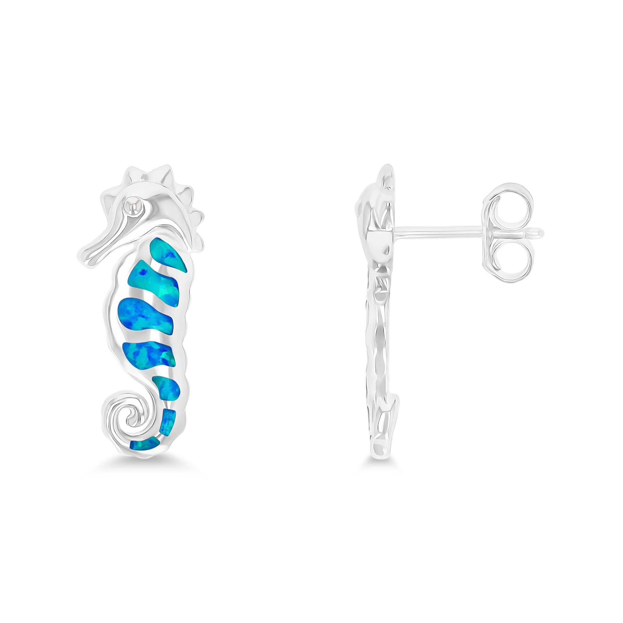 Sterling Silver Rhodium Created Opal Seahorse Stud Earring
