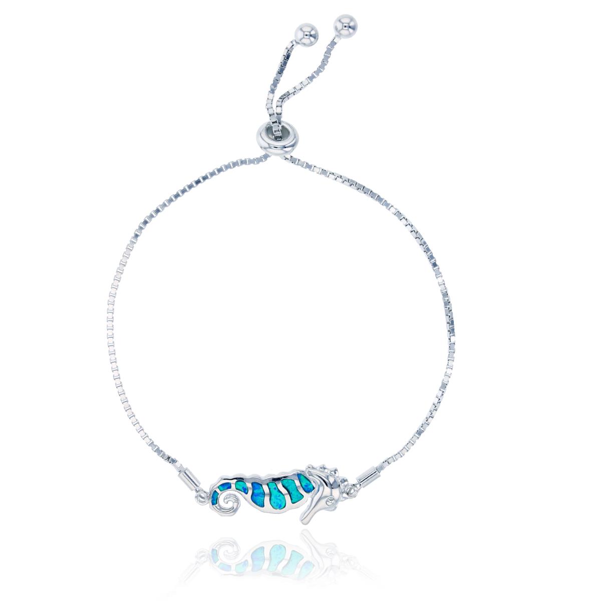 Sterling Silver Rhodium Created Opal Seahorse Adjustable Bracelet