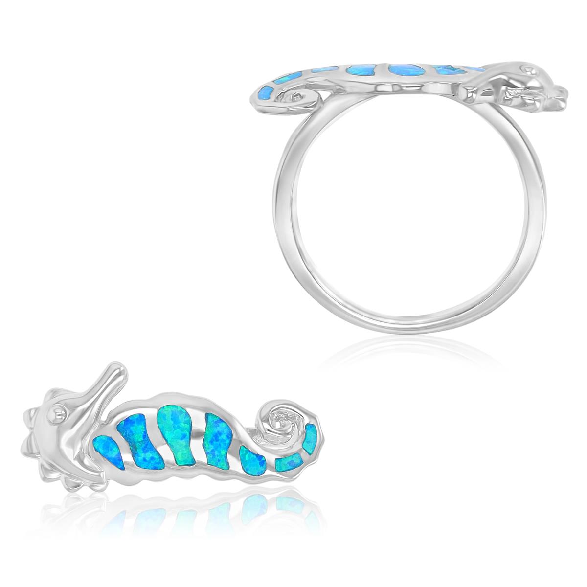 Sterling Silver Rhodium Created Opal Seahorse Fashion Ring