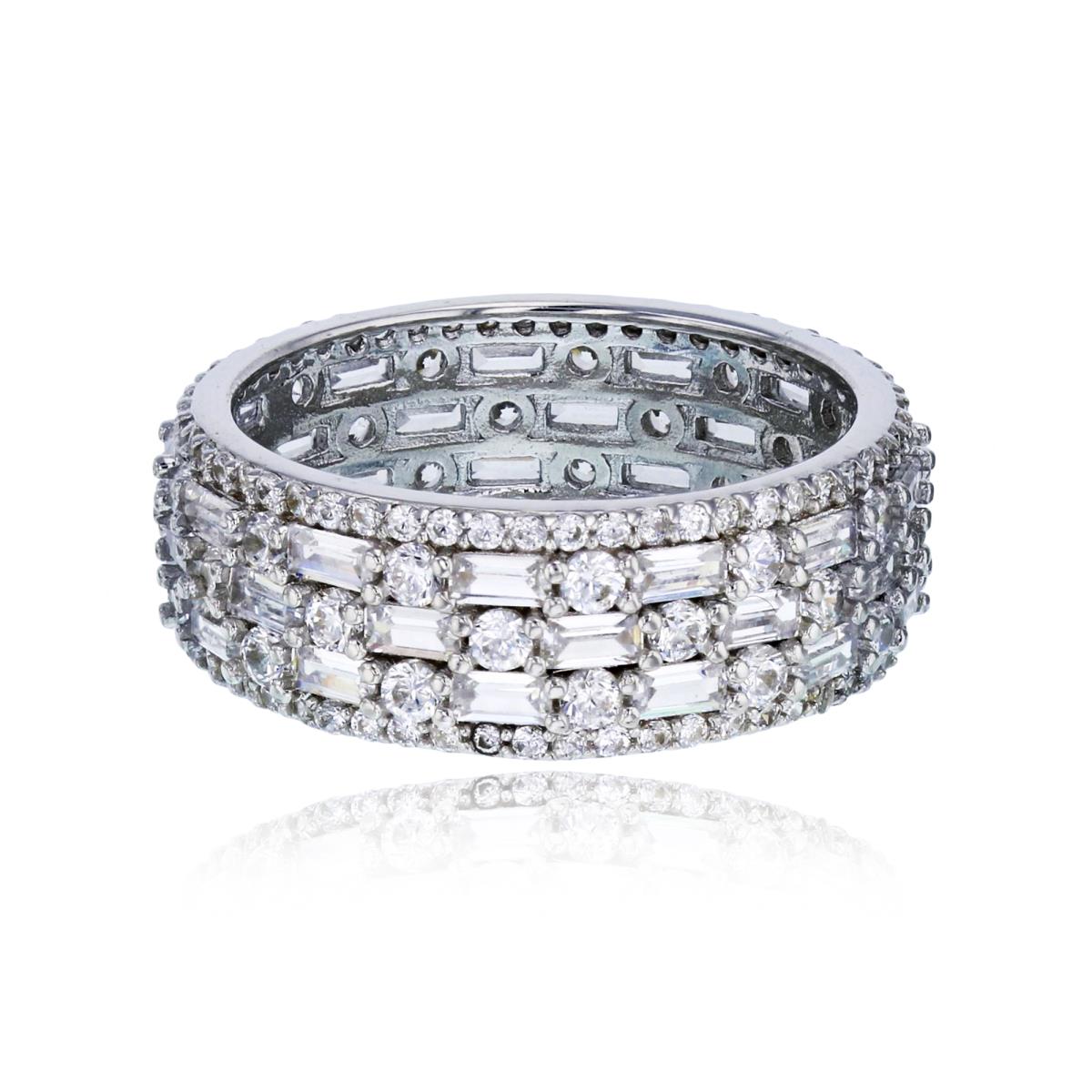 Sterling Silver Rhodium Pave Rd & Baguette CZ Brick Eternity Ring