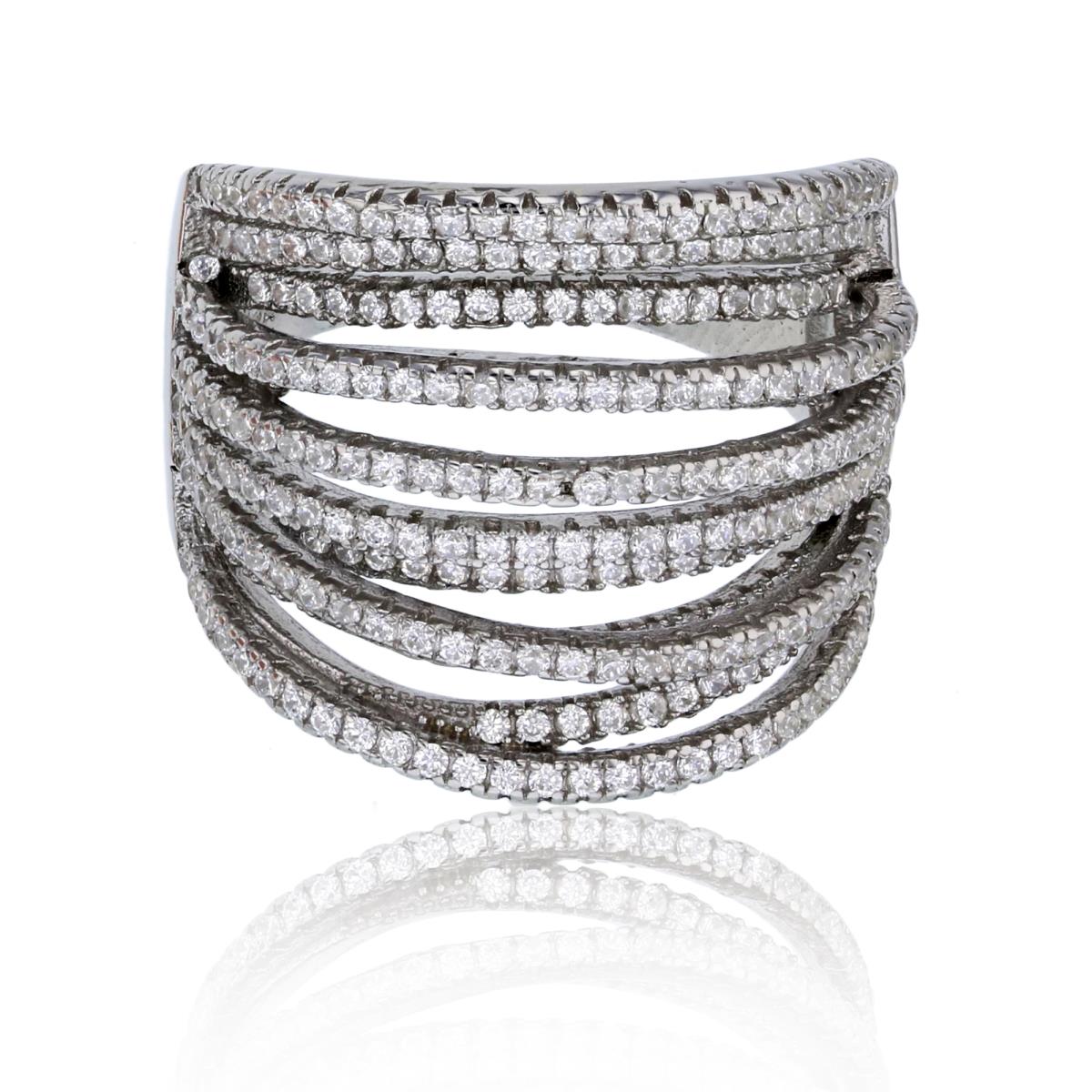 Sterling Silver Rhodium Pave Multi Row Cocktail Fashion Ring 