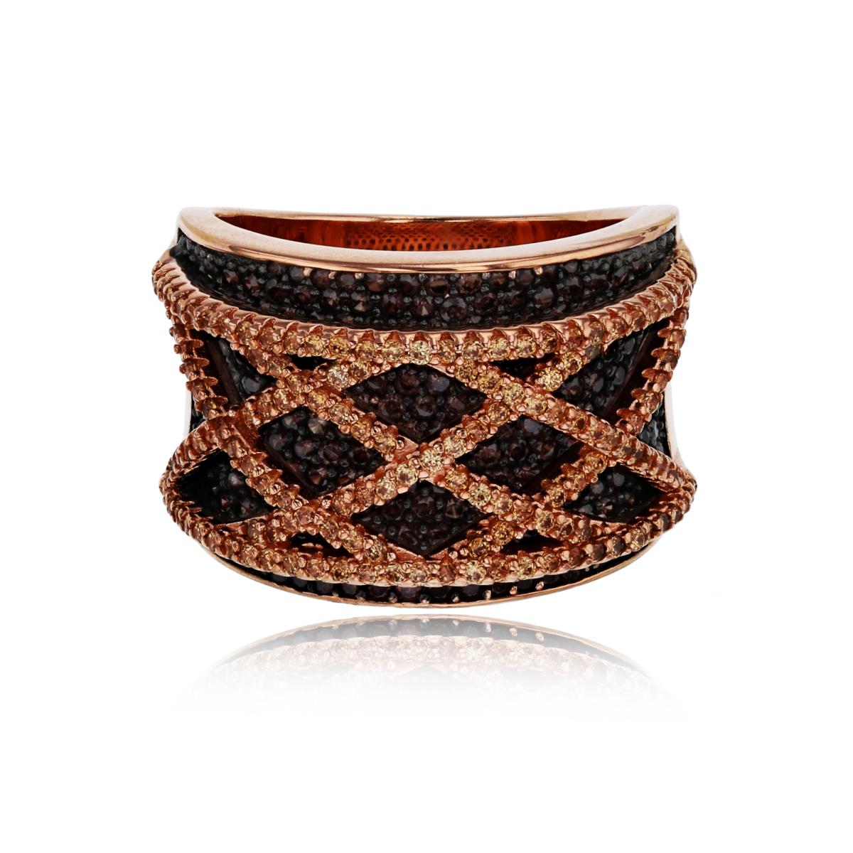 Sterling Silver Black & Rose 16mm Micropave Brown & Champagne Glass Double Layers Basketweave Fashion Ring