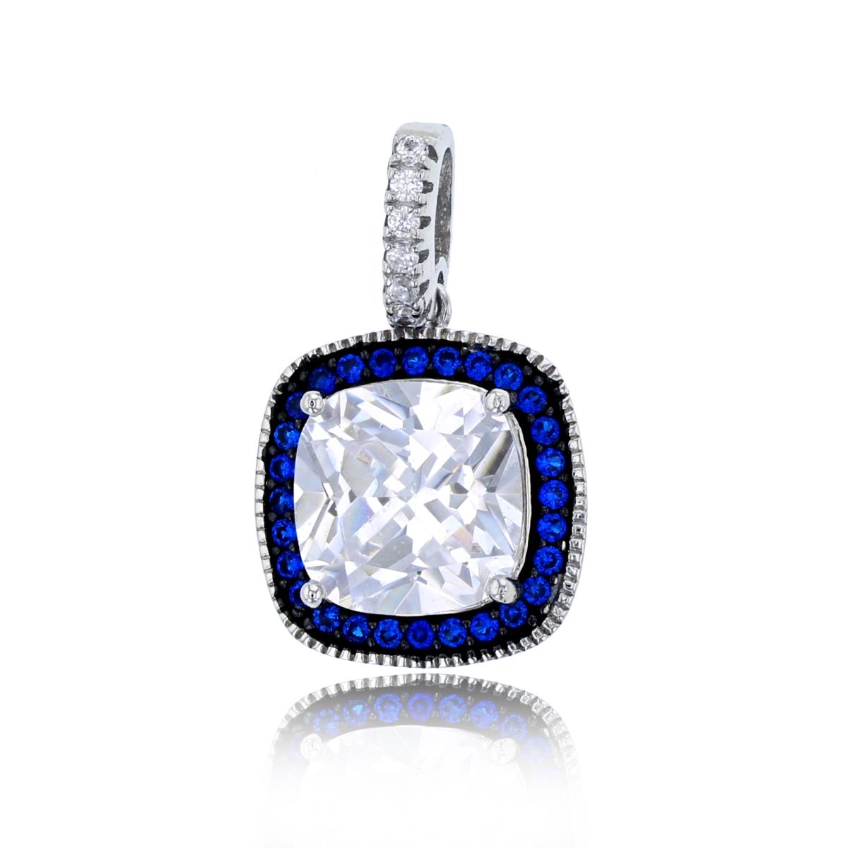 Sterling Silver Black & White 8mm White Cushion Cut CZ Sapphire Halo Pendant