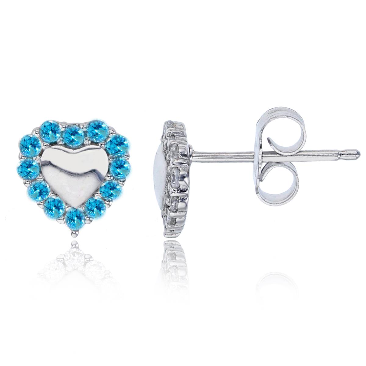 Sterling Silver Rhodium 8x8mm Polished Heart with Pave Sky Blue Frame Stud Earring