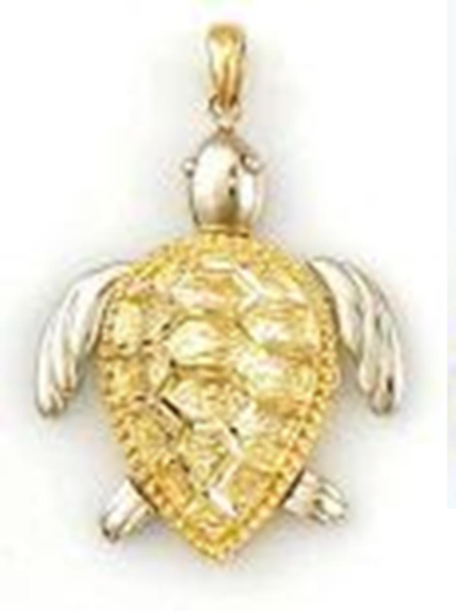 14K Two-Tone Gold Diamond Cut Turtle Dangling 18"+2" Cable Chain Necklace