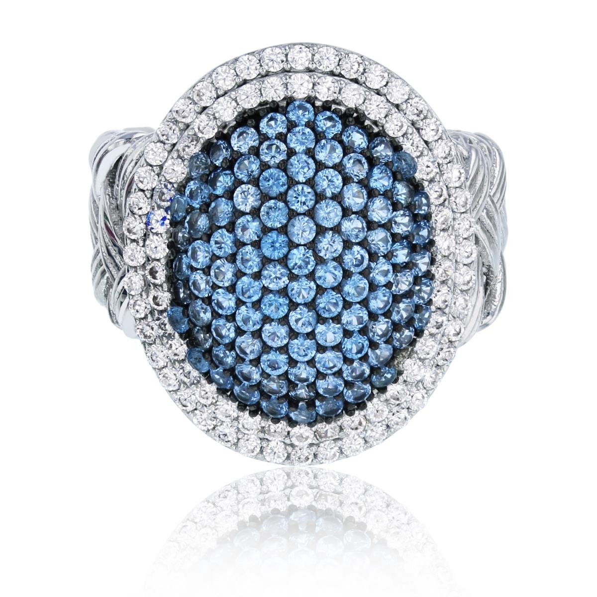 Sterling Silver Black & Rh  23mm Micropave Blue & White CZ Oval Shaped Weave Shank Fashion Ring