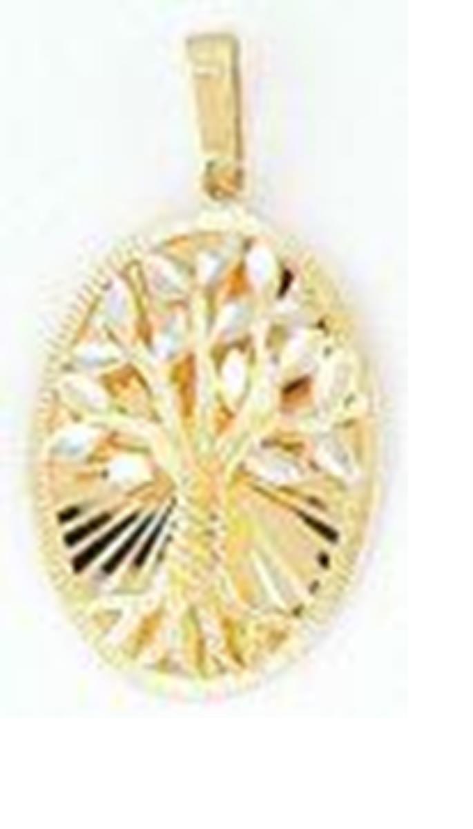 14K Two-Tone Gold Polished & D/C Tree Of Life Oval Dangling Pendant