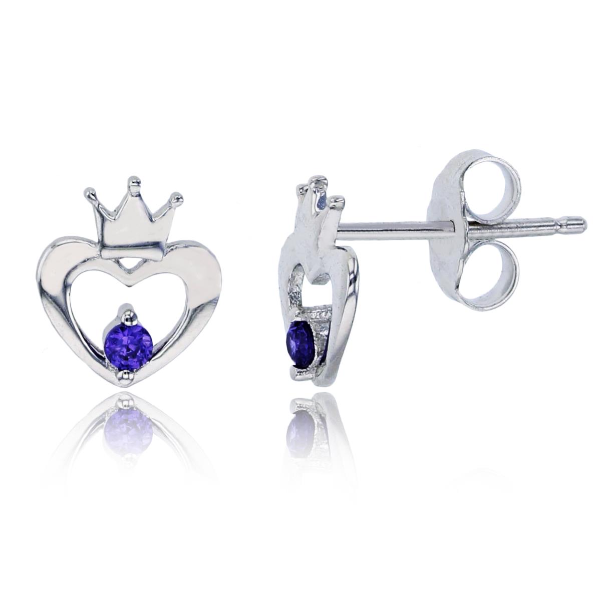 Sterling Silver Rhodium 2mm Amethyst Rd Cut CZ Polished Crown Heart Stud Earring